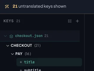 The editor filtered to Missing: the toolbar filter reads Missing and the key tree shows only the French keys that have no value yet.