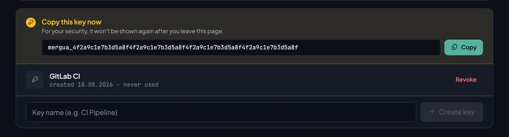 The API Keys tab of Example Shop with the new key GitLab CI and the raw key shown once, beside a Copy button.