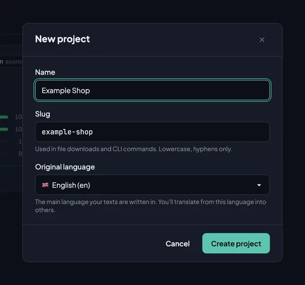 The New project dialog with the name Example Shop, the slug example-shop and English as the original language.