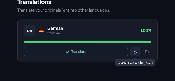 The German card at one hundred percent, with the tooltip Download de.json over its download button.
