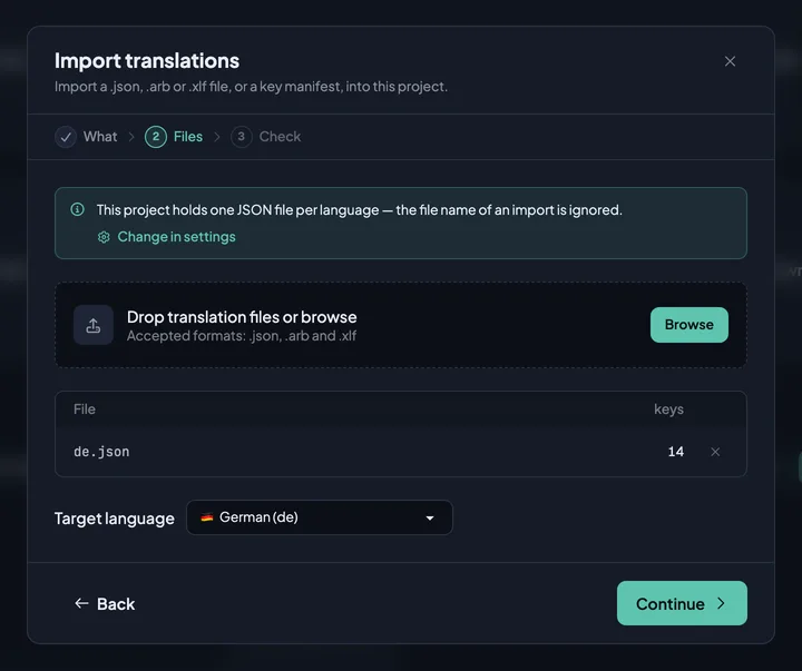 The second step of the import dialog with de.json listed and German chosen as the target language.