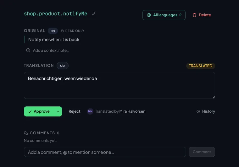 The key shop.product.notifyMe in the German editor, holding the value the import wrote.