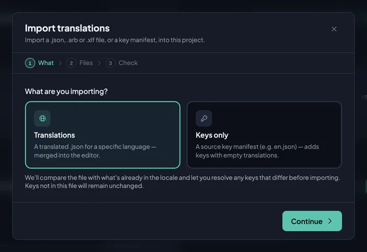 The import dialog on its first step, with Translations chosen as what is imported.