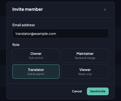 The Invite member dialog with an email address filled in and the Translator role selected.