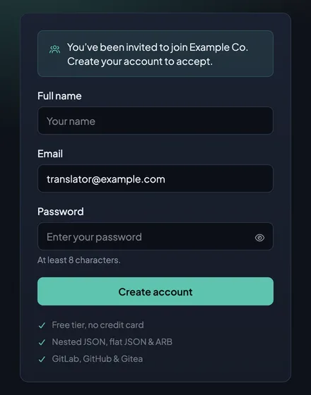 The register form opened from the invitation: You’ve been invited to join Example Co, with the invited address already in the Email field.