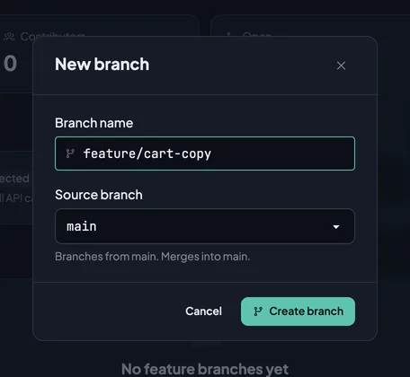 The New branch dialog with the name feature/cart-copy, branched from main.