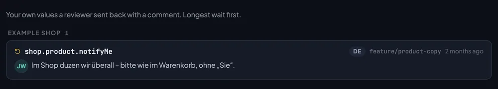 The Rejected tab of the translator’s Reviews page: shop.product.notifyMe on feature/product-copy, with Jonas Weiß’s note about the form of address.