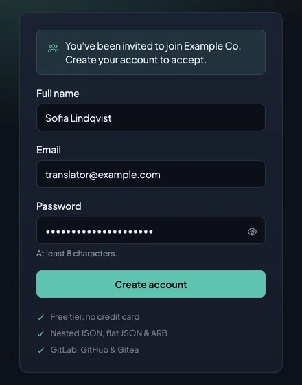 The register form opened from the invitation to Example Co, with the name Sofia Lindqvist and a password filled in.