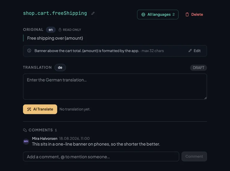 The key shop.cart.freeShipping with its description, a limit of 32 characters, and a comment from Mira Halvorsen about the banner it appears in.